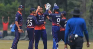 Nepal Batting Against Oman in Cricket Match