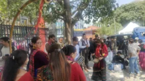 Nepali Congress Delegates Arrive at Kathmandu Open Air Theatre with Panche Baja
