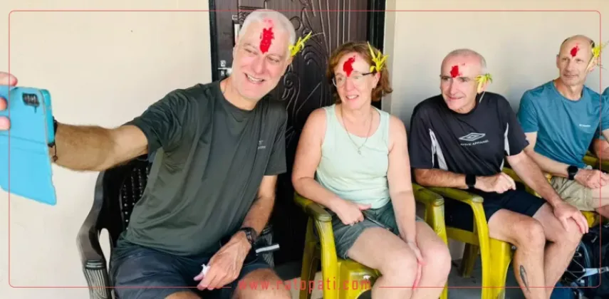 Foreign Tourists Celebrate Bada Dashain with Tika and Jamara in Nepal