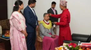 Vice President Yadav receives Dashain tika at Lainchaur
