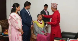 Vice President Ram Sahay Prasad Yadav receives Dashain tika from priests on Vijaya Dashami