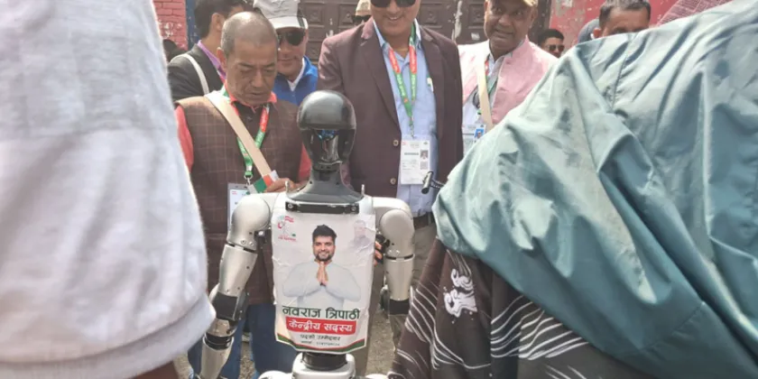 Nabaraj Tripathi Uses Robot to Seek Votes at Nepali Congress Convention
